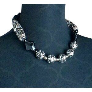 Vintage Black Crystal & Silver Beaded Necklace With Toggle Clasp